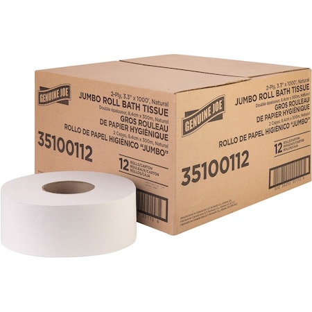 Genuine Joe Jumbo Jr Dispenser Bath Tissue Roll - 2 Ply - 3.3in x 1000' - 8.88in Roll Diameter - White, 12PK GJO35100112